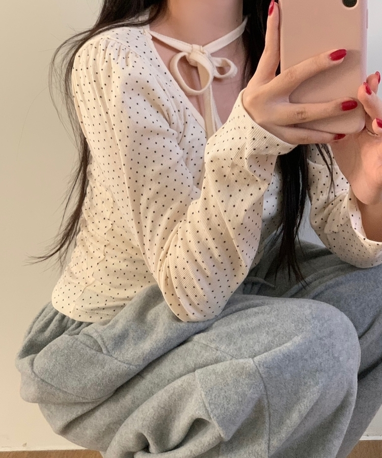 【タイ付き】ドットシャーリングリボン長袖Tシャツ CREAM