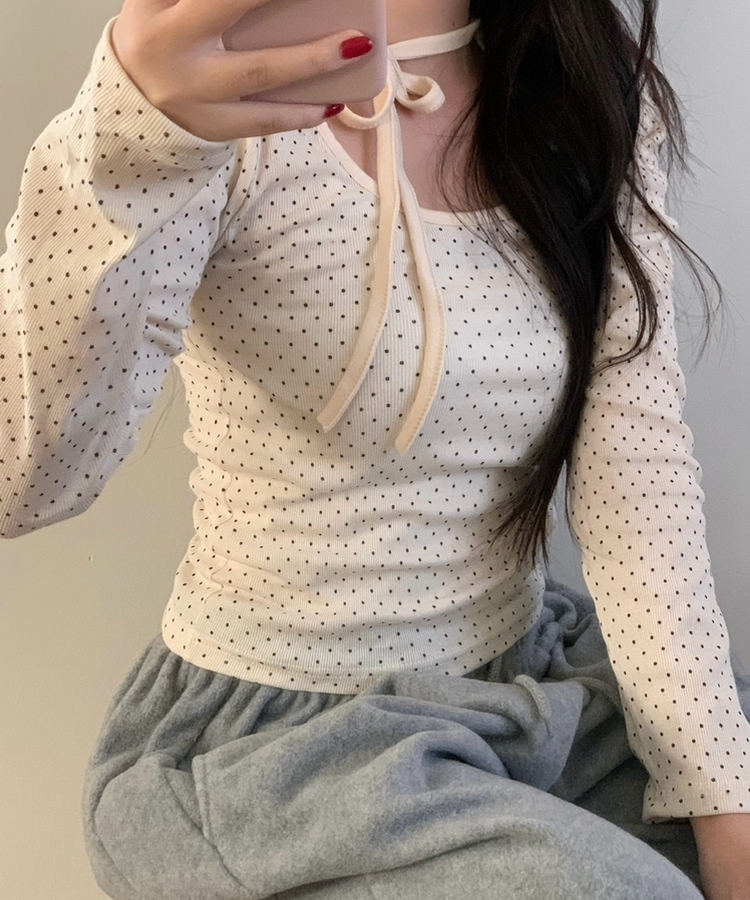 【タイ付き】ドットシャーリングリボン長袖Tシャツ CREAM