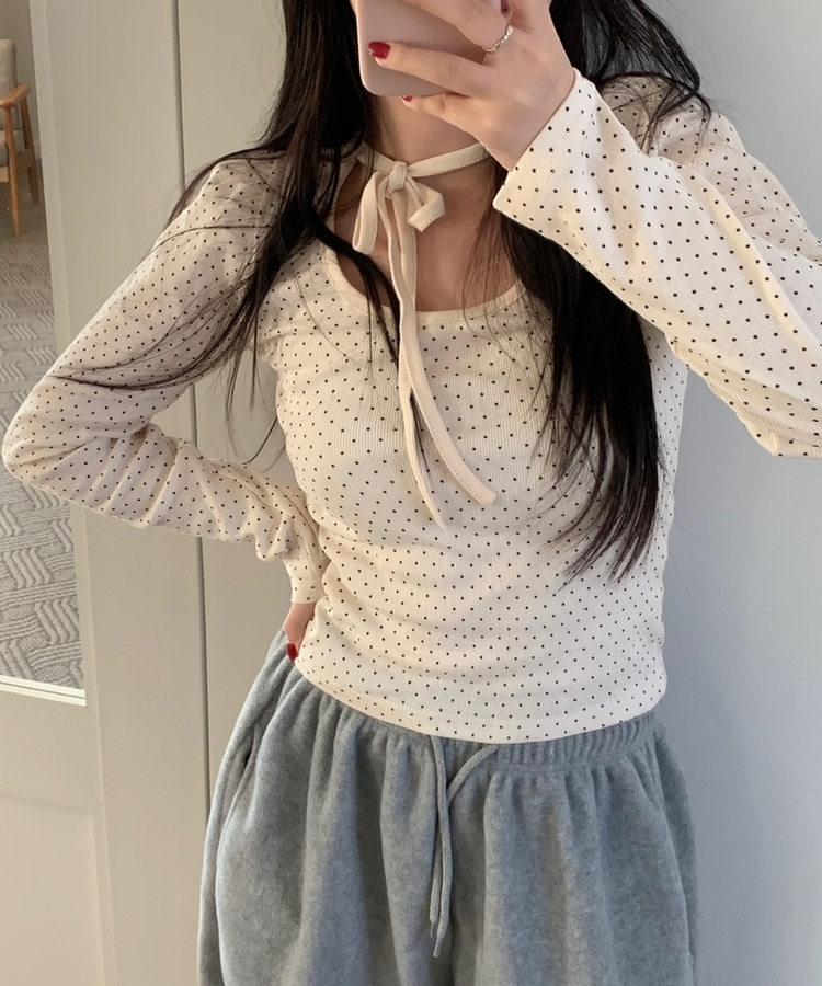 【タイ付き】ドットシャーリングリボン長袖Tシャツ CREAM
