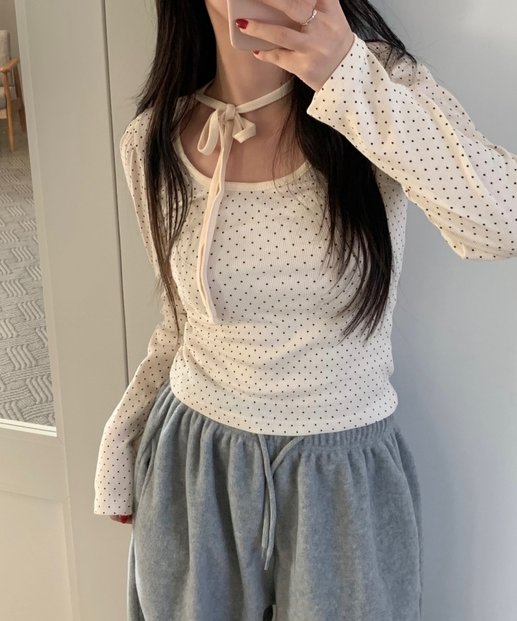 【タイ付き】ドットシャーリングリボン長袖Tシャツ CREAM