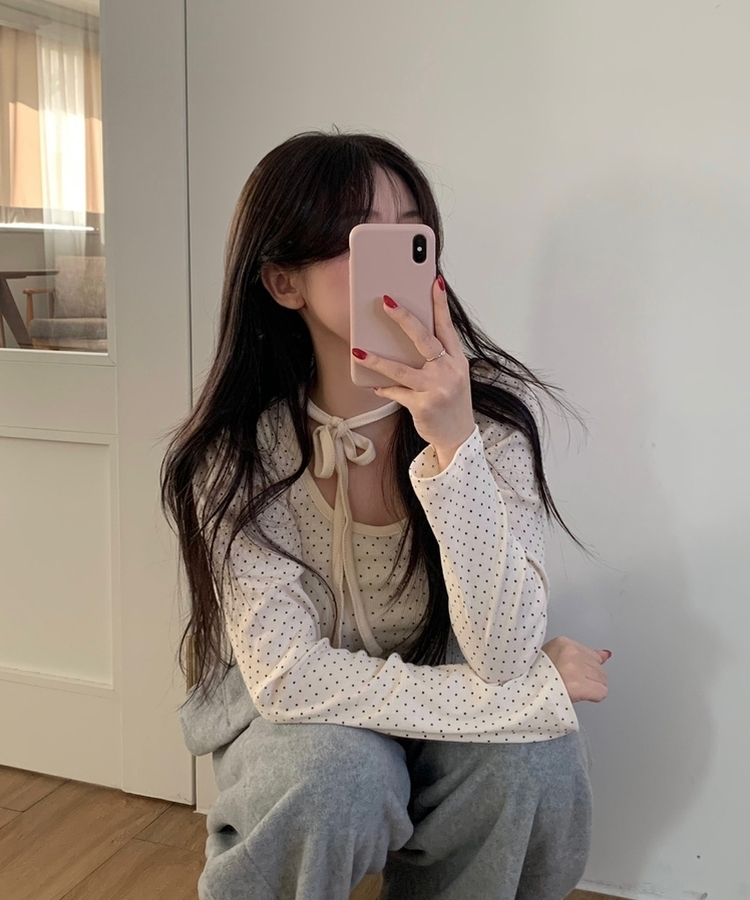 【タイ付き】ドットシャーリングリボン長袖Tシャツ CREAM