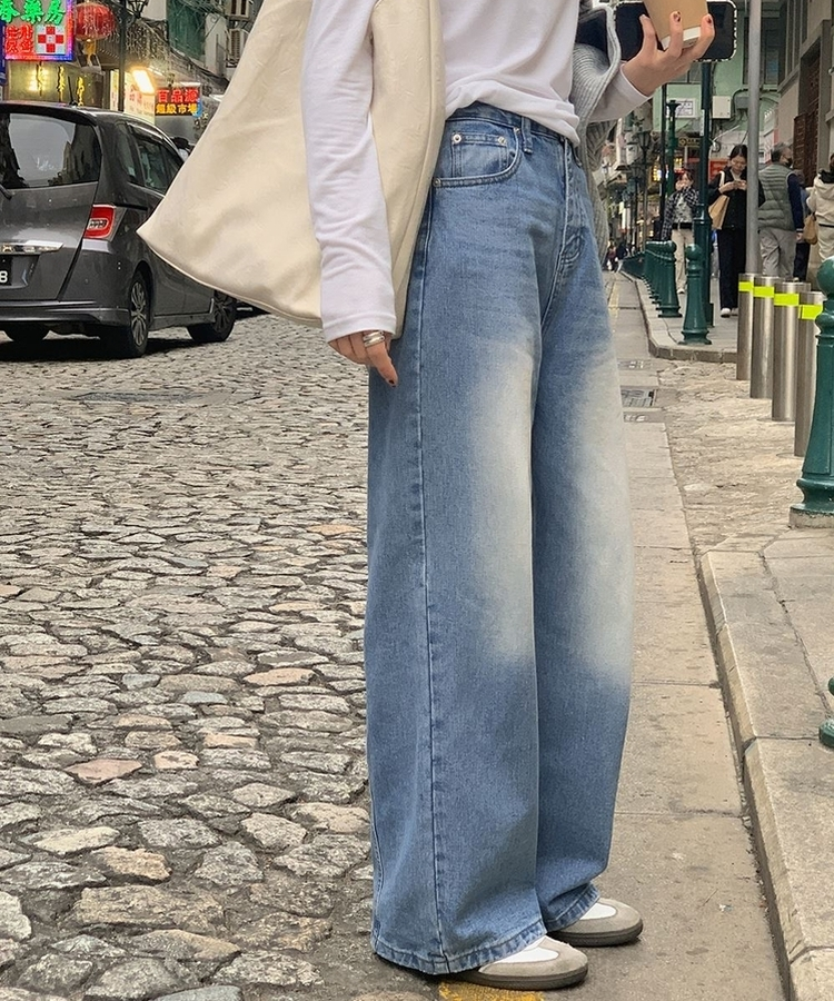 デニム ハイウエストウォッシングワイドデニムパンツ LIGHT DENIM