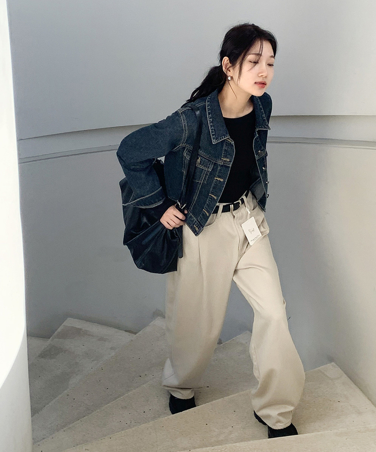 ピンタックワイドコットンパンツ ASH-BEIGE
