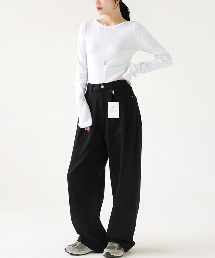 ピンタックワイドコットンパンツ BLACK