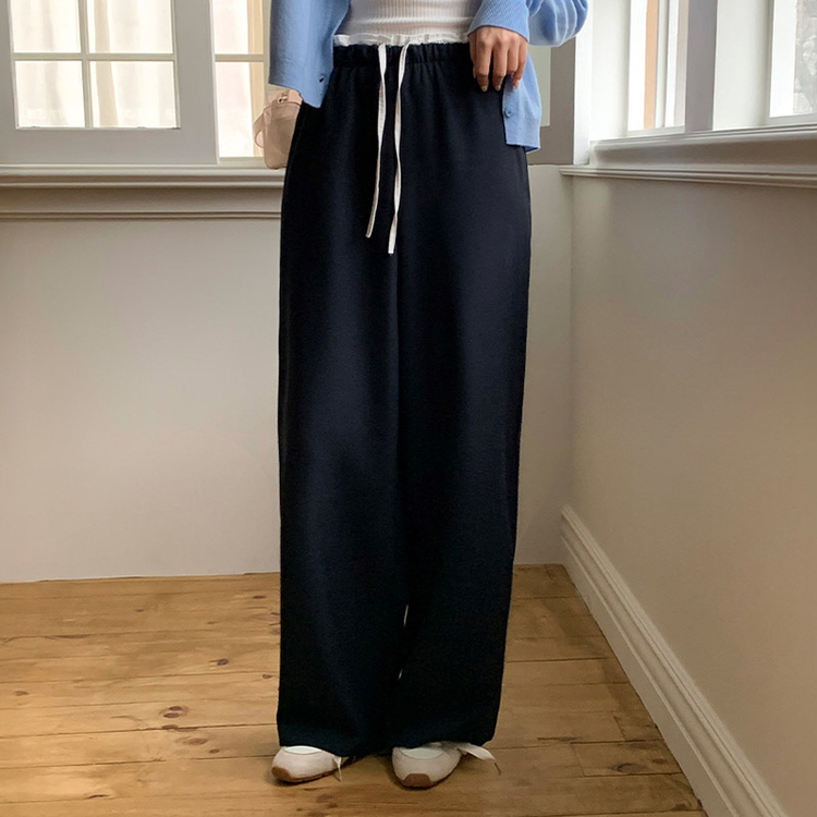 コットンパンツ (活用度100%/軽やかな着心地) ロネット バイカラー ストリング ワイドバンディングパンツ NAVY