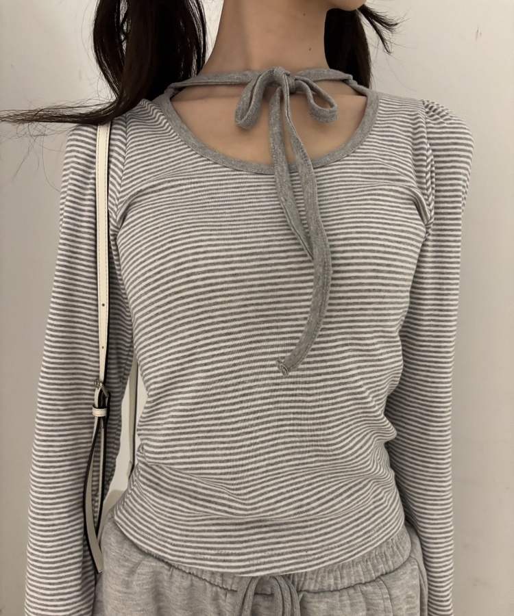 パフシャーリングリボンストライプ長袖Tシャツ GRAY