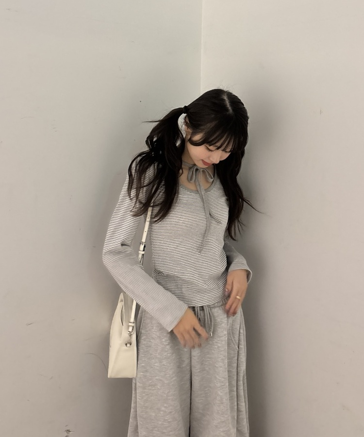 パフシャーリングリボンストライプ長袖Tシャツ GRAY