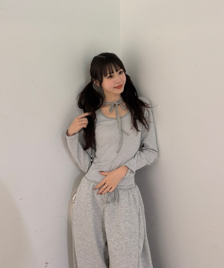 パフシャーリングリボンストライプ長袖Tシャツ GRAY