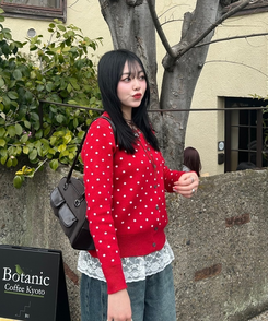 ドットラウンドニットカーディガン RED