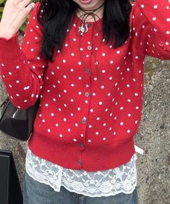 ドットラウンドニットカーディガン RED