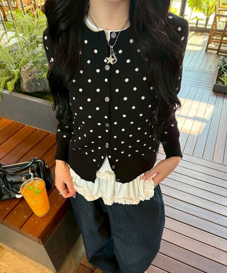 ドットラウンドニットカーディガン BLACK