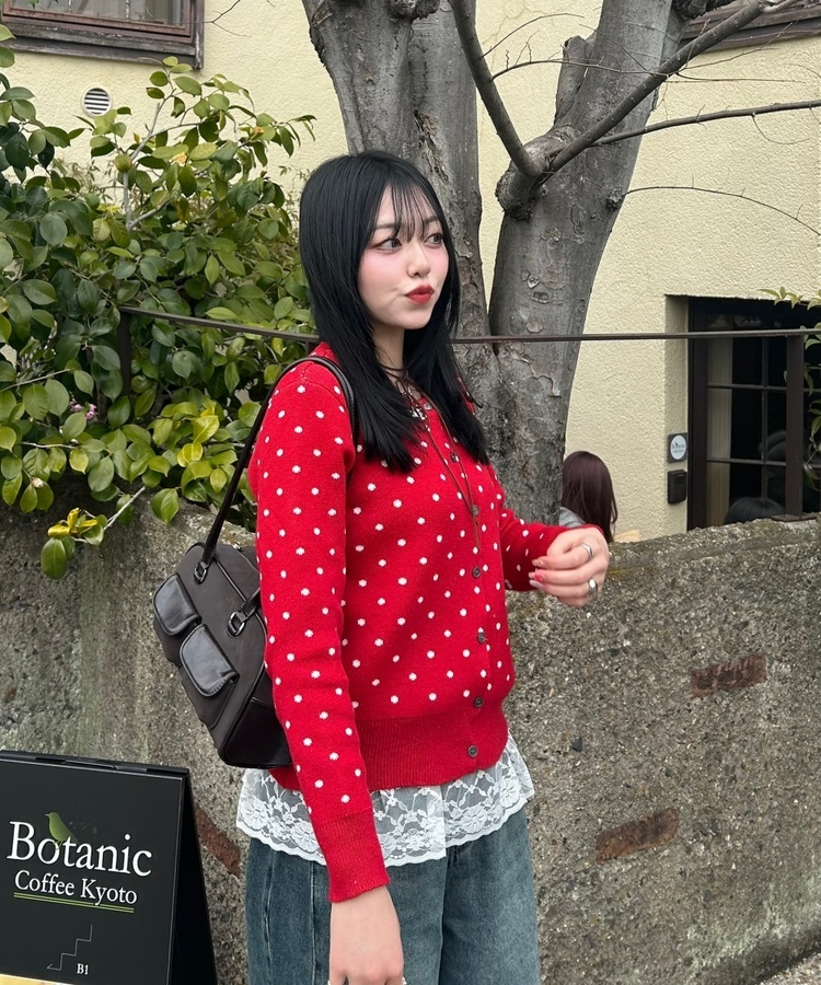 ドットラウンドニットカーディガン RED