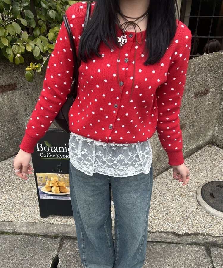 ドットラウンドニットカーディガン RED