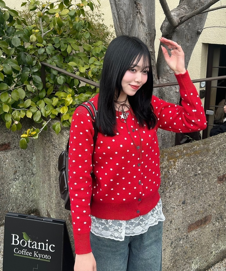 ドットラウンドニットカーディガン RED