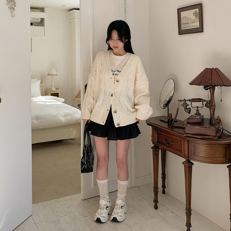 レイヤードケーブルニットカーディガン IVORY