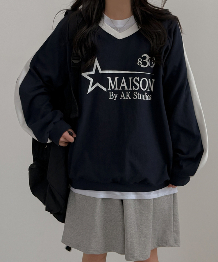 スターバイカラーVネックトレーナー NAVY