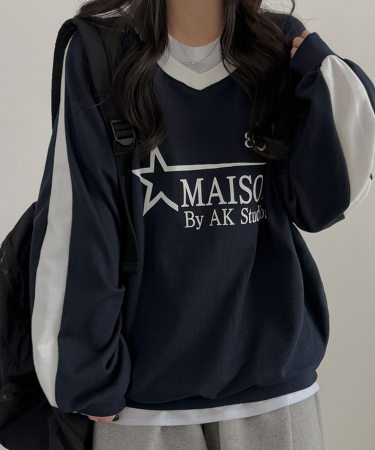 スターバイカラーVネックトレーナー NAVY