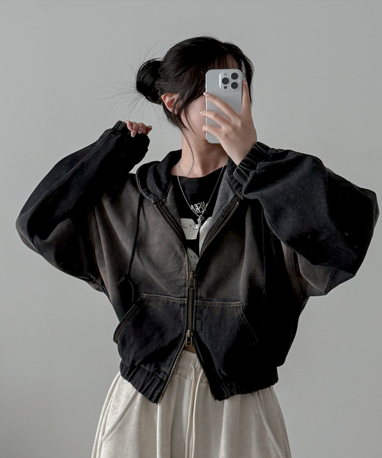 ウォッシングデニムフードジップアップ BLACK