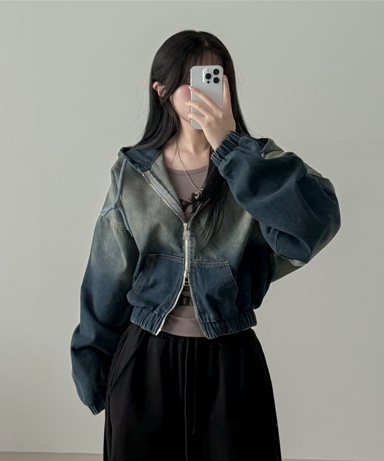 ウォッシングデニムフードジップアップ BLUE DENIM