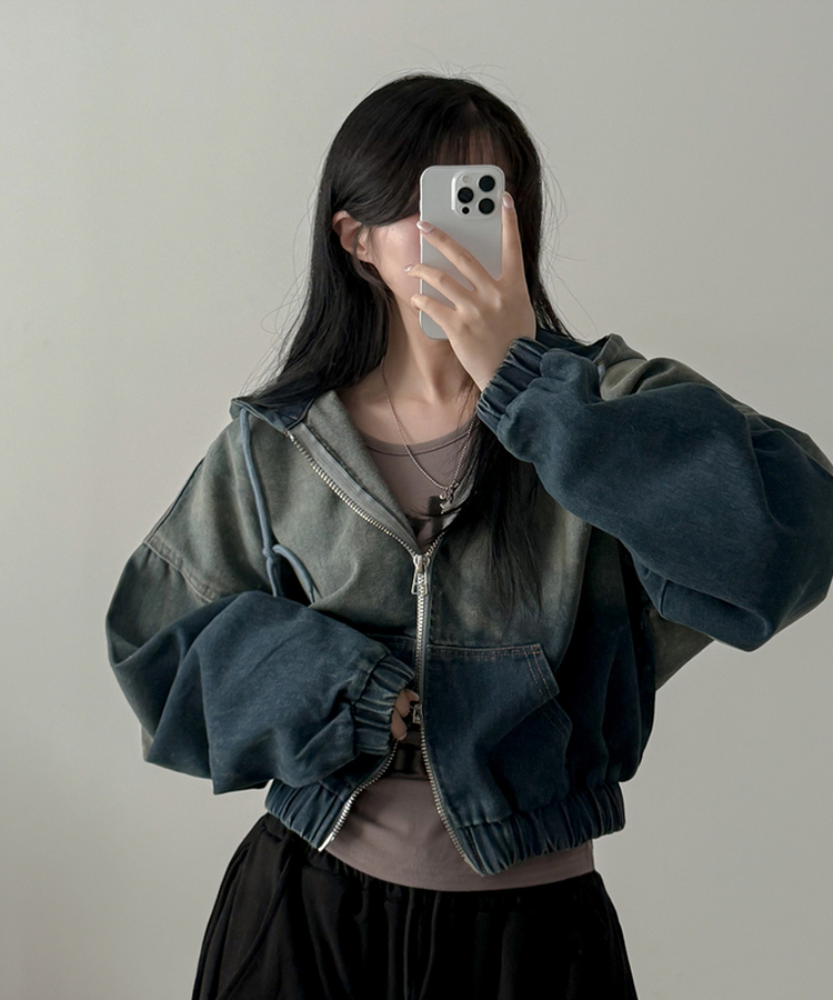 ウォッシングデニムフードジップアップ BLUE DENIM