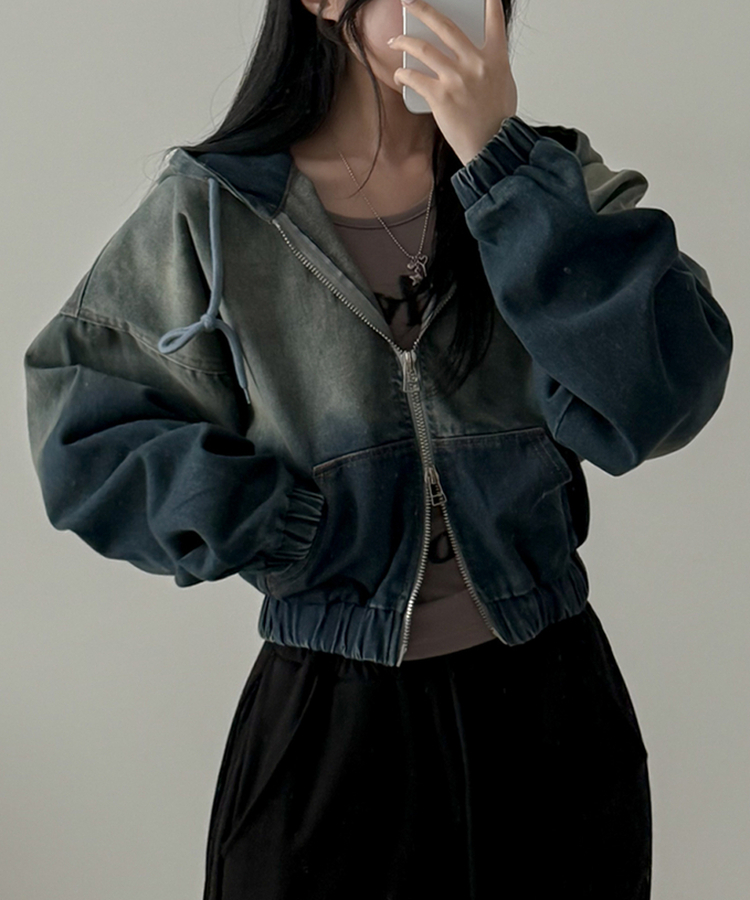 ウォッシングデニムフードジップアップ BLUE DENIM