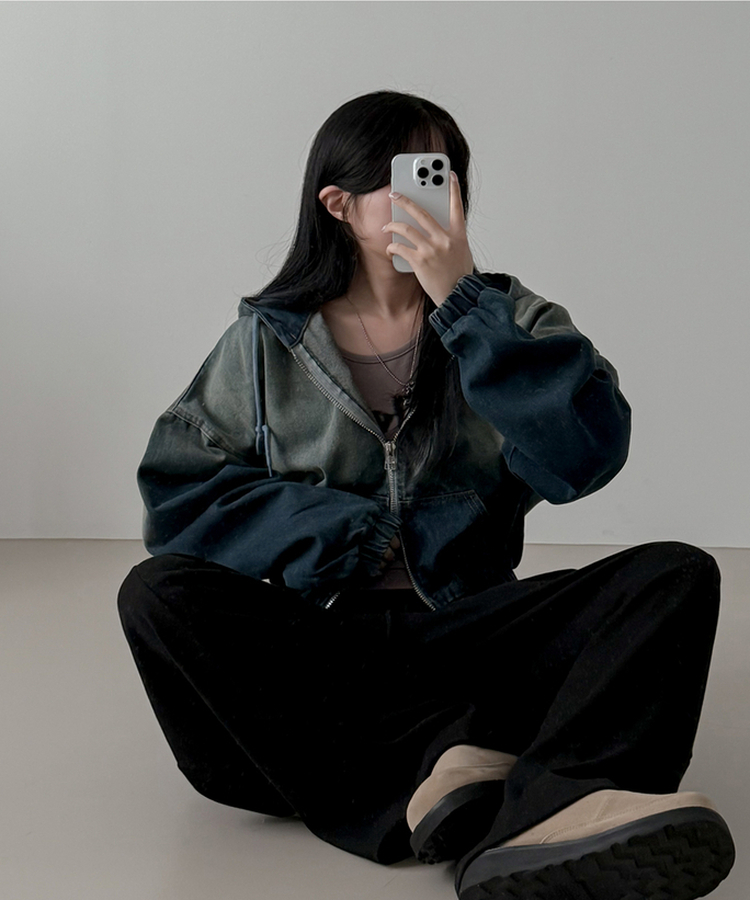 ウォッシングデニムフードジップアップ BLUE DENIM
