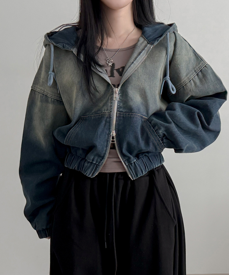 ウォッシングデニムフードジップアップ BLUE DENIM