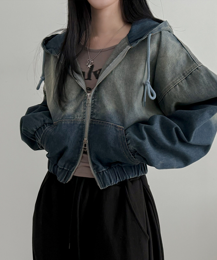 ウォッシングデニムフードジップアップ BLUE DENIM