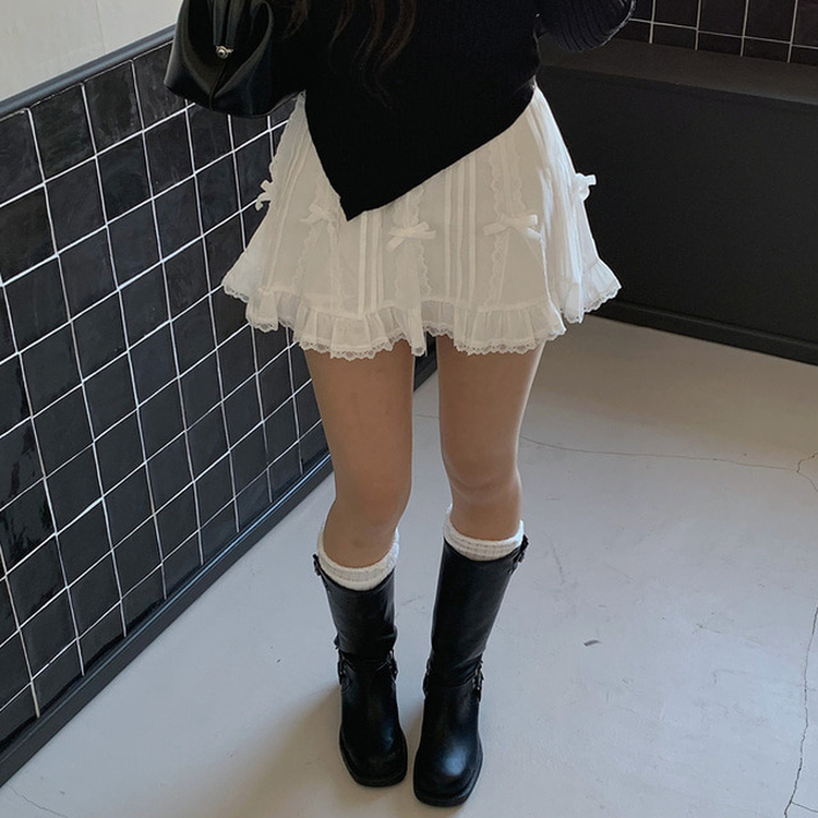 リボンレースフリルミニスカート IVORY