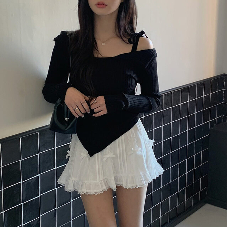 リボンオフショルダーニット BLACK