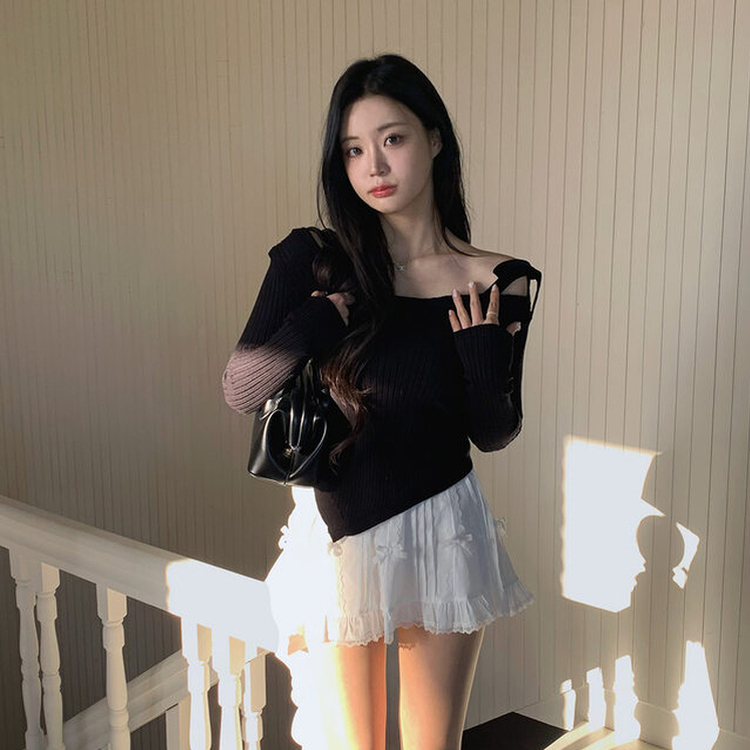 リボンオフショルダーニット BLACK