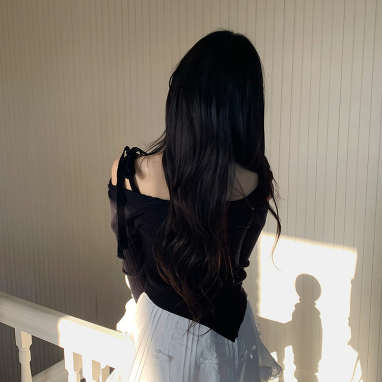 リボンオフショルダーニット BLACK
