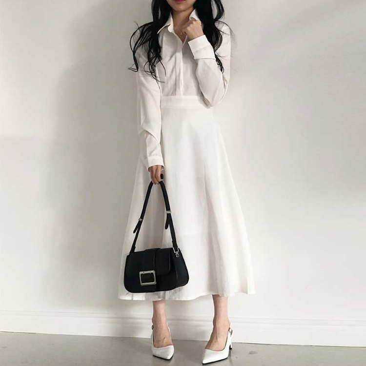 ボタンカラーフレアロングワンピース WHITE