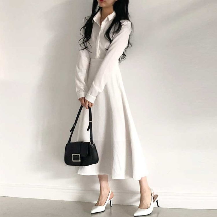 ボタンカラーフレアロングワンピース WHITE