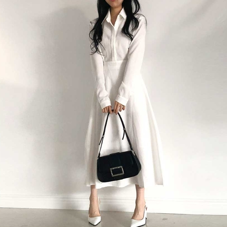 ボタンカラーフレアロングワンピース WHITE