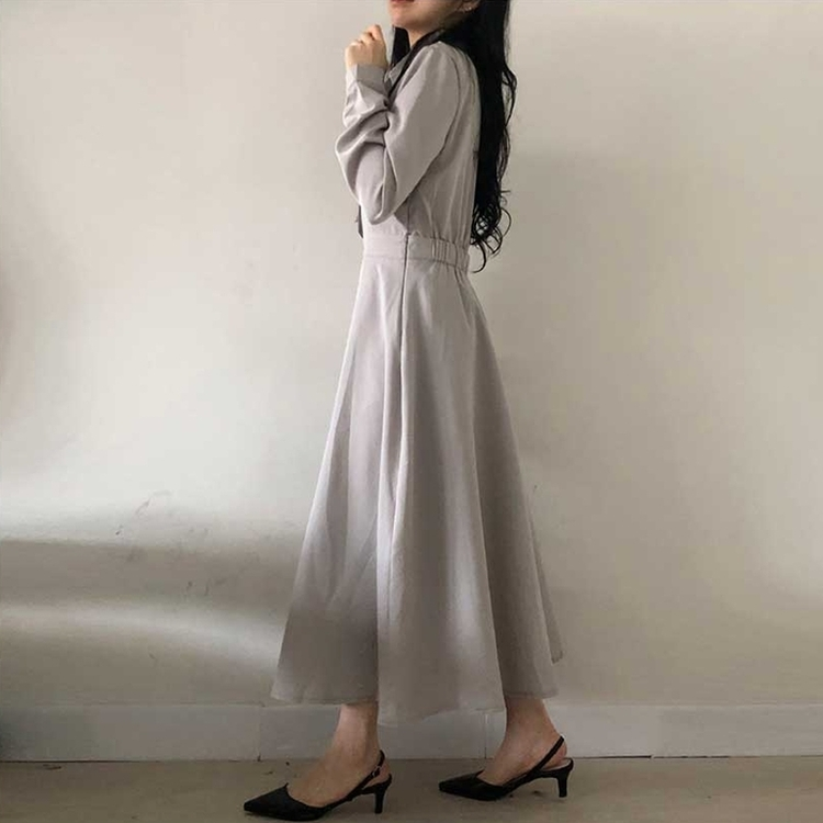 ボタンカラーフレアロングワンピース GREY