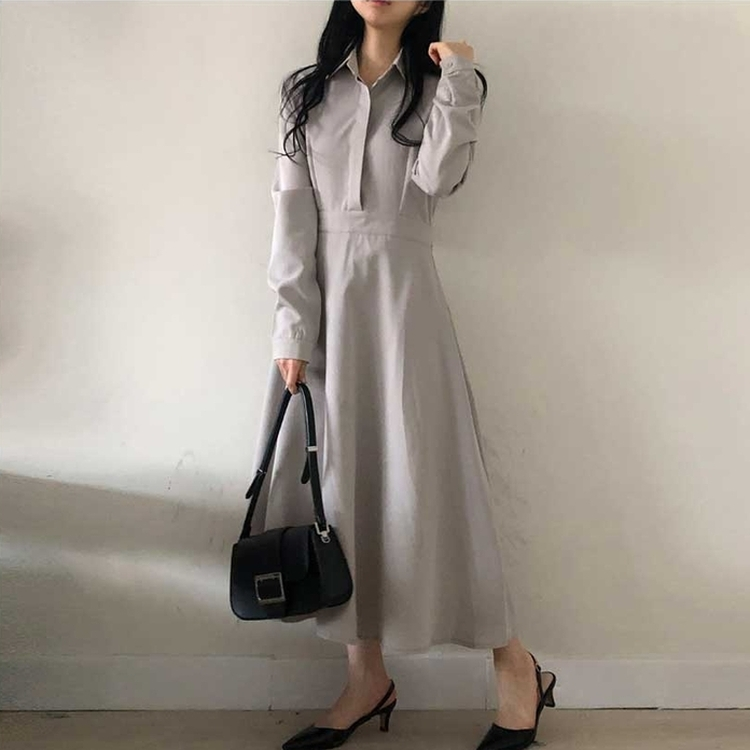 ボタンカラーフレアロングワンピース GREY