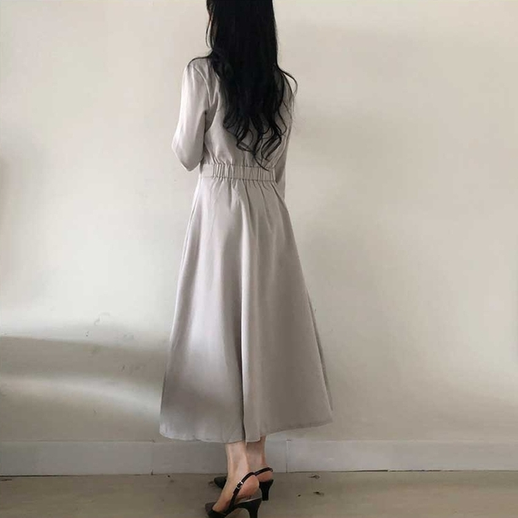 ボタンカラーフレアロングワンピース GREY