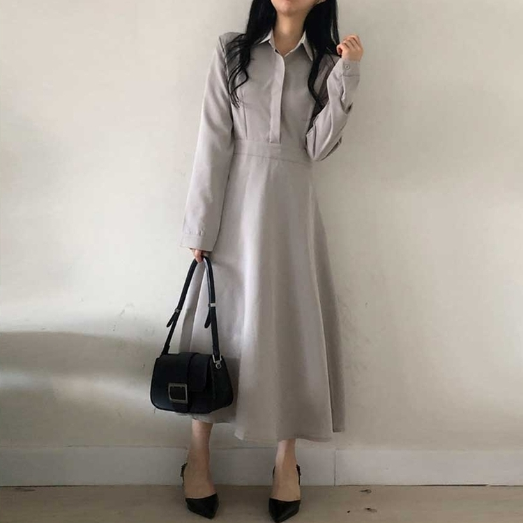 ボタンカラーフレアロングワンピース GREY