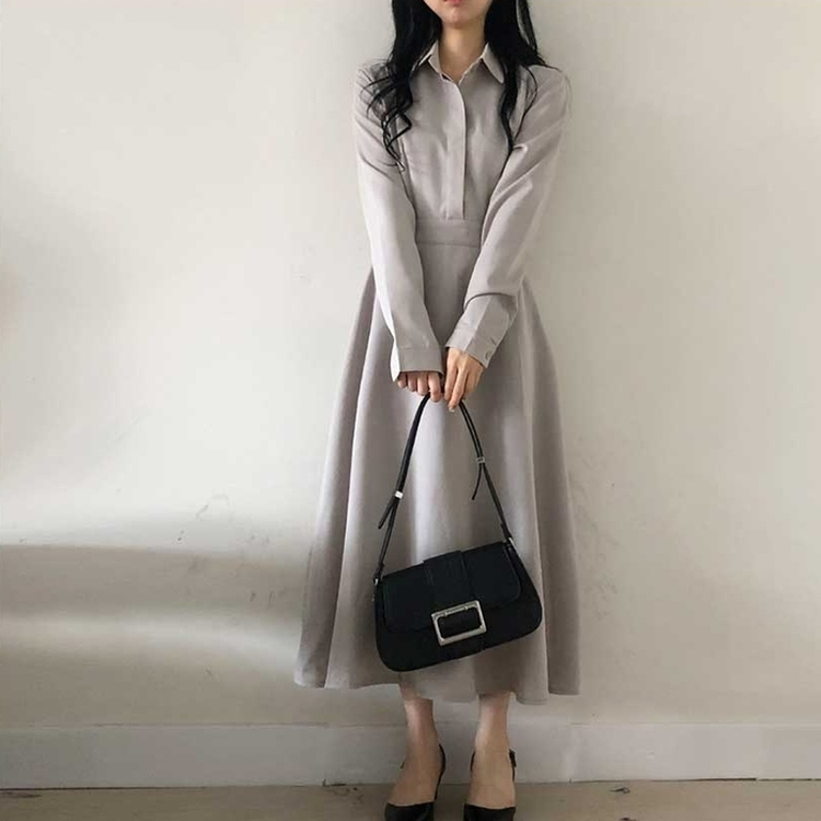 ボタンカラーフレアロングワンピース GREY