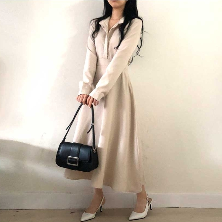 ボタンカラーフレアロングワンピース BEIGE