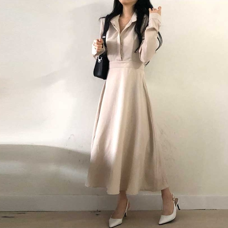 ボタンカラーフレアロングワンピース BEIGE