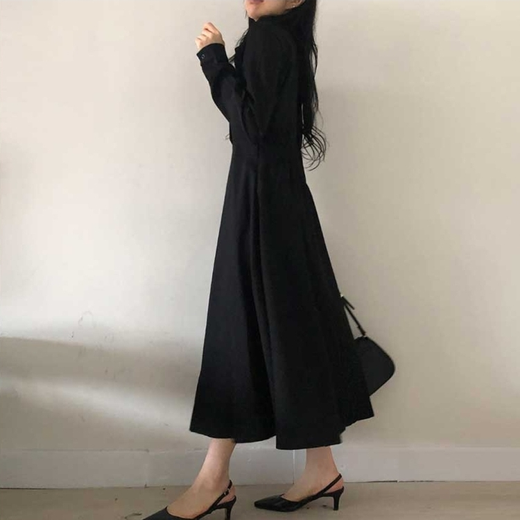 ボタンカラーフレアロングワンピース BLACK