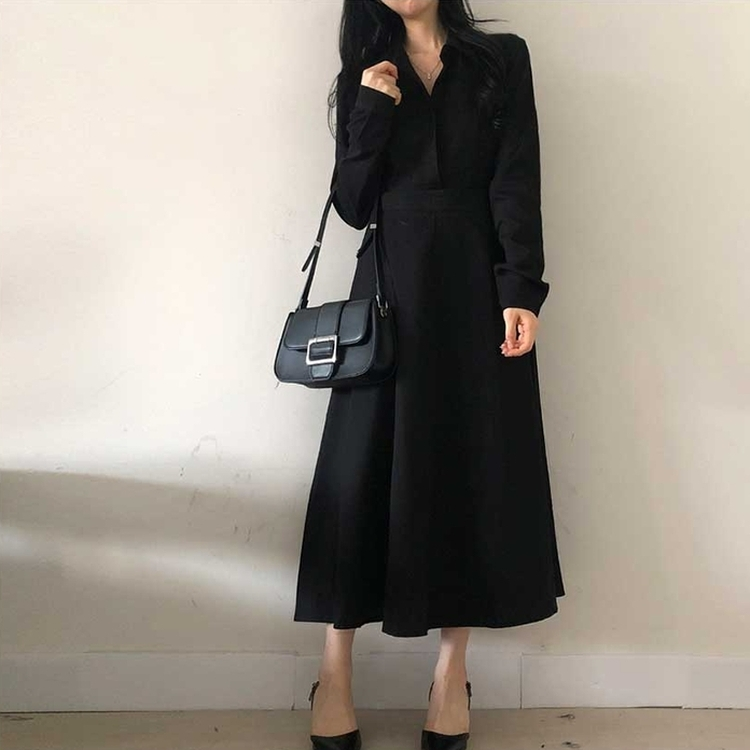 ボタンカラーフレアロングワンピース BLACK