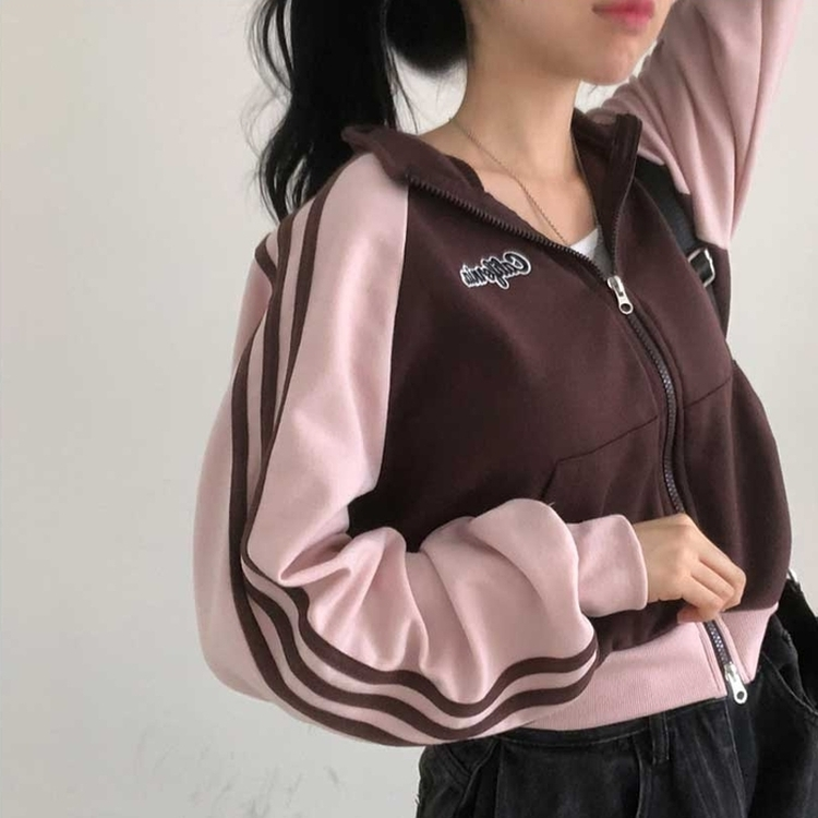 カジュアルバイカラーフルジップアップ BROWN