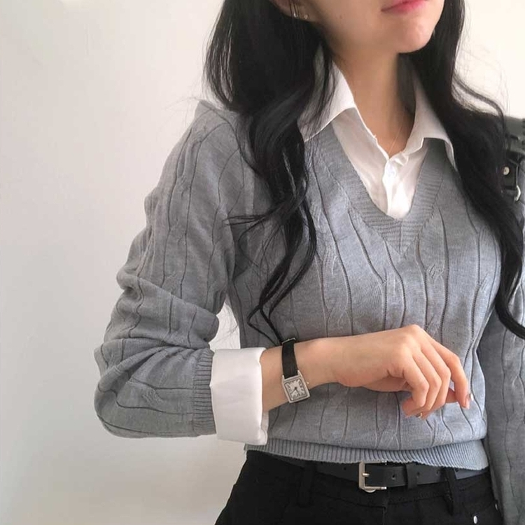 レイヤードケーブルシャツVネックニット GREY