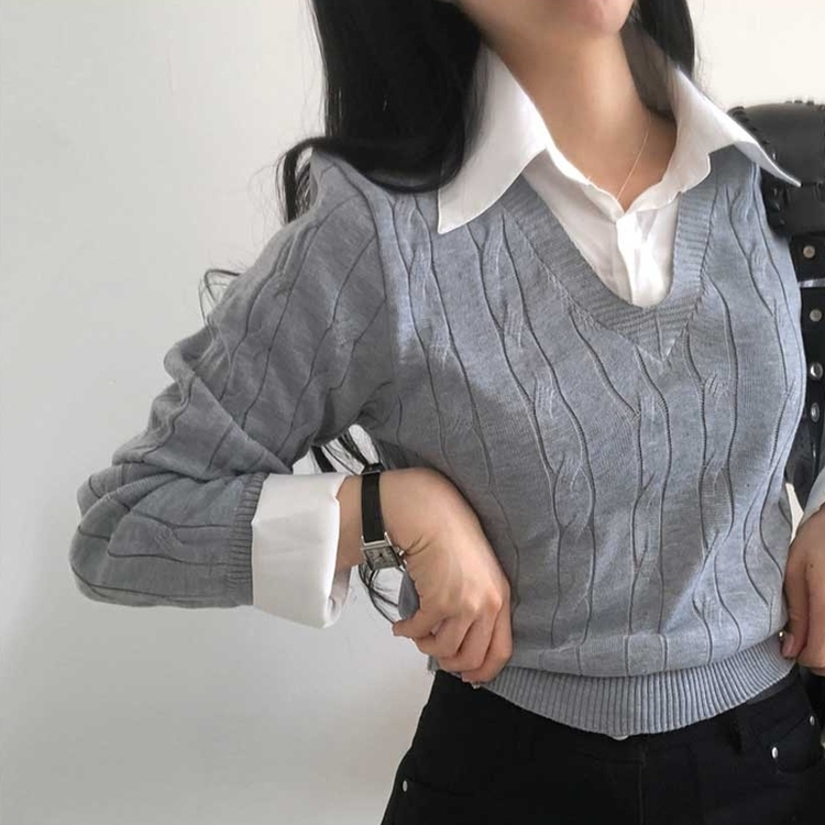 レイヤードケーブルシャツVネックニット GREY
