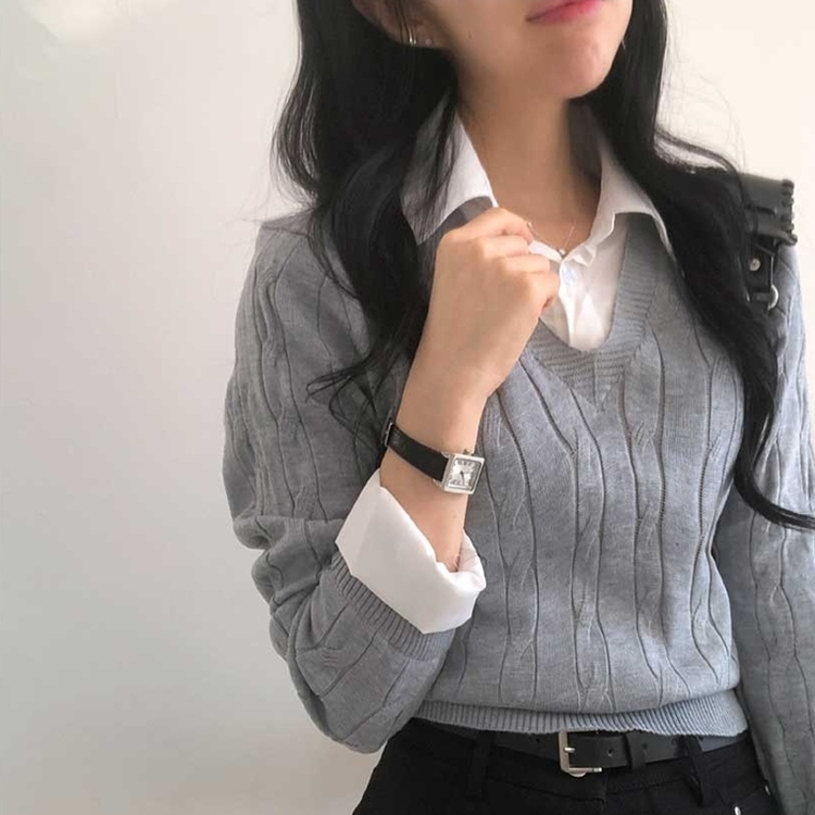 レイヤードケーブルシャツVネックニット GREY