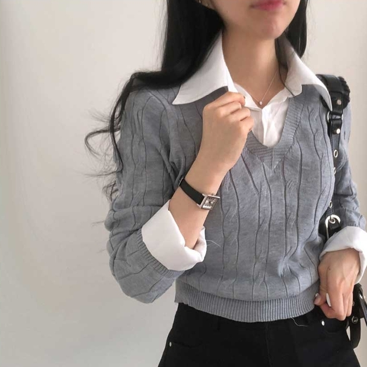 レイヤードケーブルシャツVネックニット GREY
