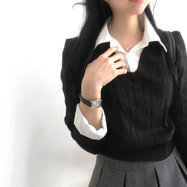 レイヤードケーブルシャツVネックニット BLACK
